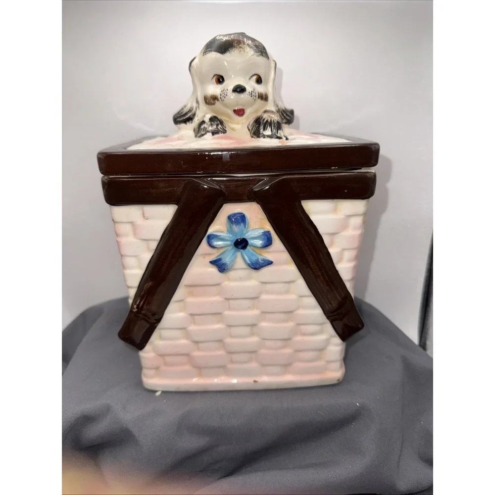 Vintage Napco MCM Basket Weave Cookie Jar w/ Lid With Bla&whit Puppy Basket Pink